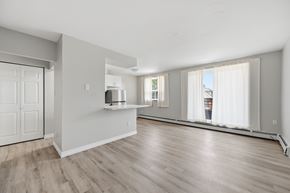 Hamilton apartment for rent - A spacious living room with wooden flooring and white walls.