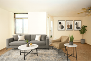 Hamilton apartment for rent - A living room with a grey couch, a chair, a table, and a plant.
