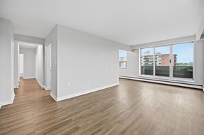 Hamilton apartment for rent - A spacious room with wooden flooring and large windows.