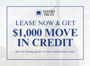 Hamilton apartment for rent - A blue and white advertisement for Effort Trust offering a $1,000 move-in credit for leasing.