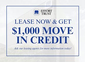 Hamilton apartment for rent - A blue and white advertisement for Effort Trust offering a $1,000 move-in credit for leasing.