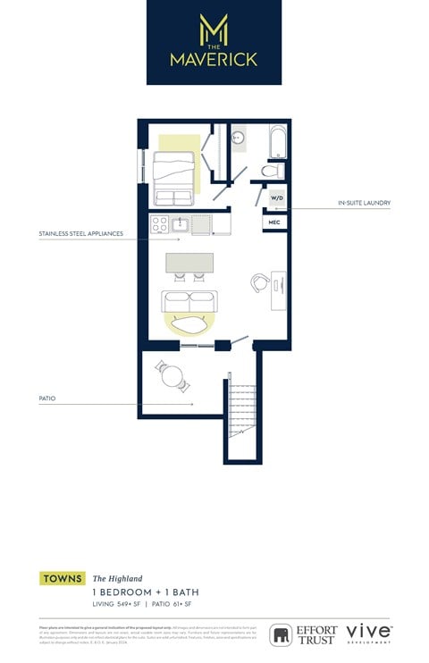 Floor plan for 1 bed, 1 bath, 610 sqft