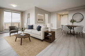 Hamilton apartment for rent - A living room with a white couch, a coffee table, and a large window with a view of the ocean.