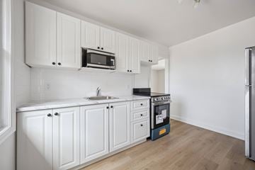 Kitchener apartment for rent - A kitchen with white cabinets and a blue dishwasher.