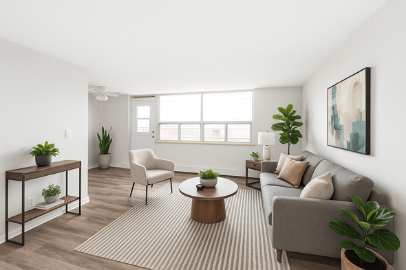 Hamilton apartment for rent - A living room with a grey couch, a white chair, a wooden coffee table, and a painting on the wall.