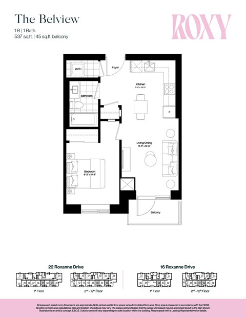 Floor plan for 1 bed, 1 bath, 537 sqft