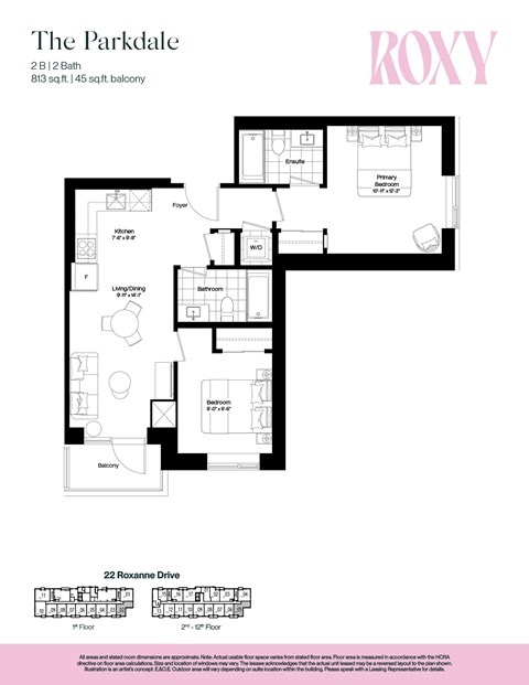 Floor plan for 2 beds, 2 baths, 813 sqft