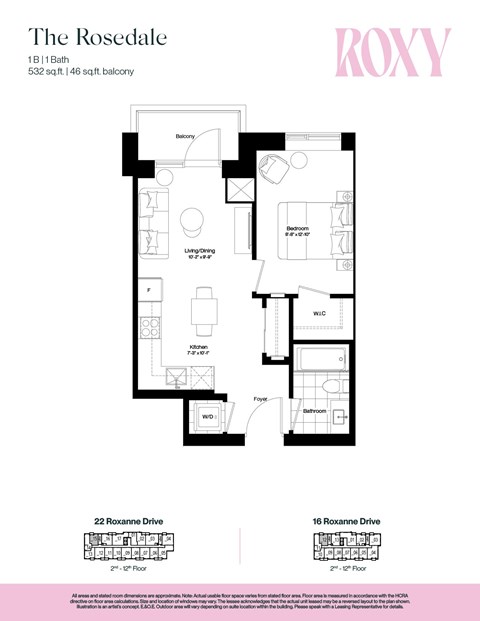 Floor plan for 1 bed, 1 bath, 538 sqft