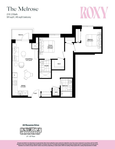 Floor plan for 2 beds, 2 baths, 911 sqft