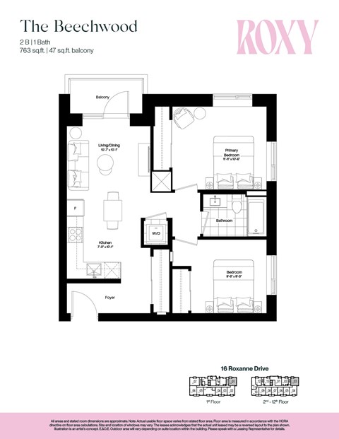 Floor plan for 2 beds, 1 bath, 763 sqft