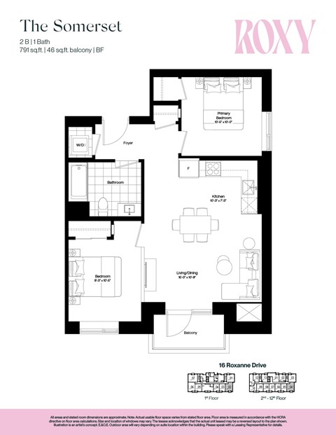 Floor plan for 2 beds, 1 bath, 791 sqft