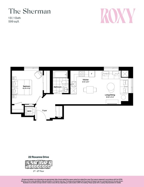 Floor plan for 1 bed, 1 bath, 617 sqft