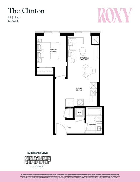 Floor plan for 1 bed, 1 bath, 537 sqft