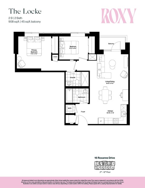 Floor plan for 2 beds, 2 baths, 908 sqft