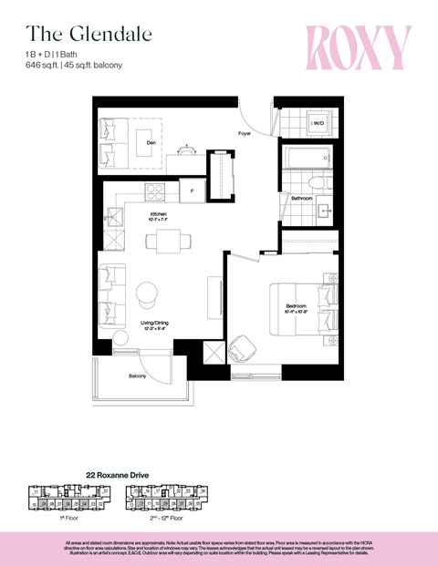 Floor plan for 1 bed, 1 bath, 647 sqft