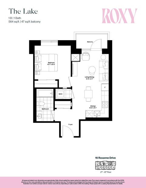 Floor plan for 1 bed, 1 bath, 564 sqft
