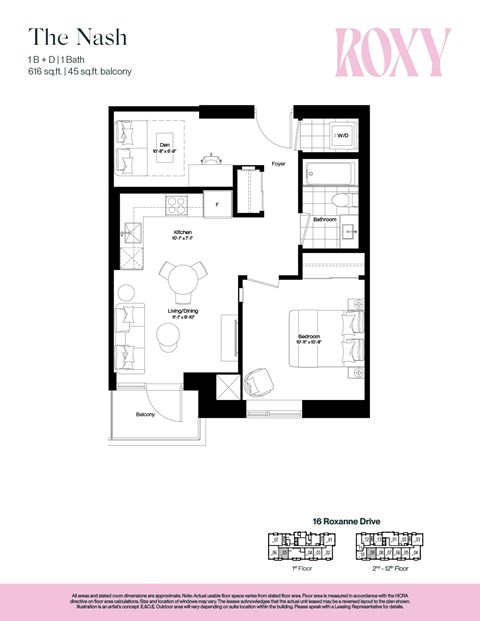 Floor plan for 1 bed, 1 bath, 616 sqft