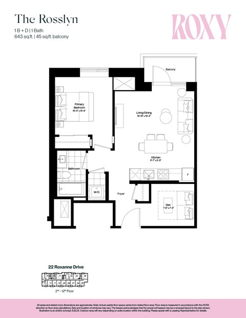 Floor plan for 1 bed, 1 bath, 643 sqft