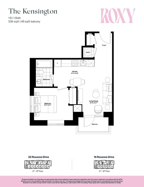 Floor plan for 1 bed, 1 bath, 529 sqft