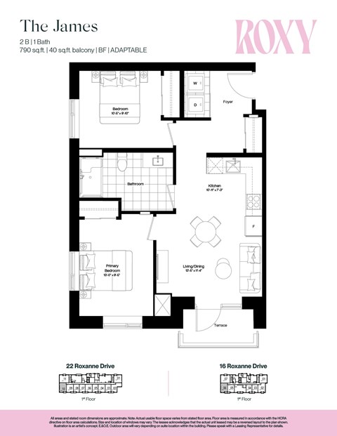 Floor plan for 1 bed, 1 bath, 789 sqft