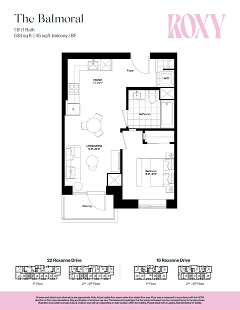 Floor plan for 1 bed, 1 bath, 537 sqft
