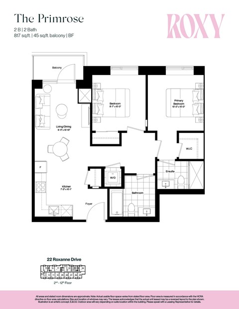 Floor plan for 2 beds, 2 baths, 817 sqft