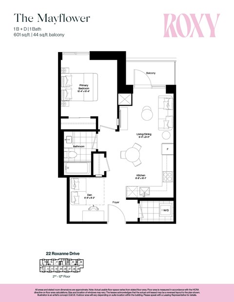 Floor plan for 1 bed, 1 bath, 601 sqft