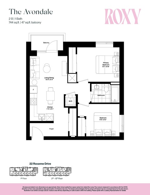 Floor plan for 2 beds, 1 bath, 748 sqft