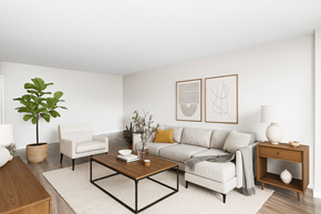 Stoney Creek apartment for rent - A living room with a white couch, a coffee table, and a plant.