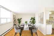 Hamilton apartment for rent - A dining room with a table set for two and a potted plant on the table.