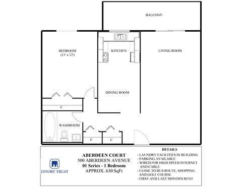 Floor plan for 1 bed, 1 bath, 630 sqft