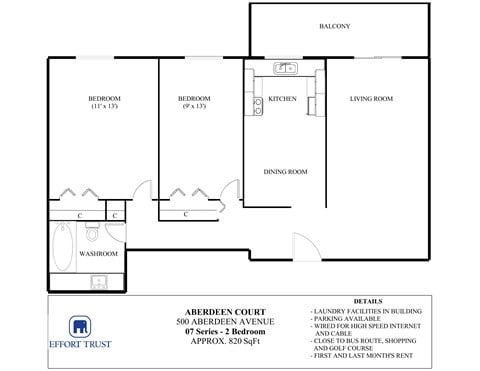Floor plan for 2 beds, 1 bath, 820 sqft
