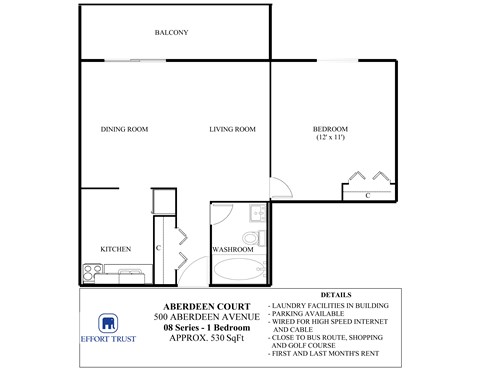 Floor plan for 1 bed, 1 bath, 530 sqft