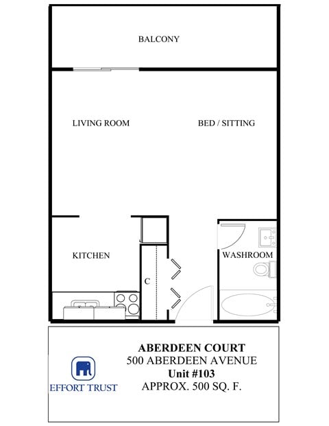 Floor plan for studio, 1 bath, 500 sqft