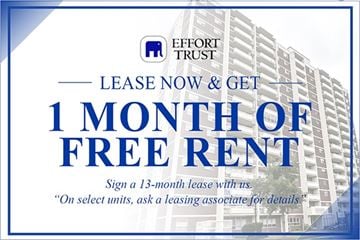 Kitchener apartment for rent - A promotional image for Effort Trust offering a free month of rent for signing a 13-month lease.