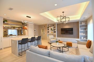 Hamilton apartment for rent - A modern living room with a grey sofa and a bar area.