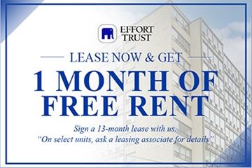 Hamilton apartment for rent - A promotional image for Effort Trust offering a free month of rent for signing a 13-month lease.