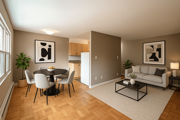 Stoney Creek apartment for rent - A modern living room with a dining table and chairs.