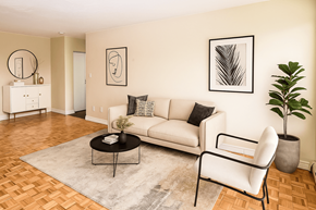 Hamilton apartment for rent - A living room with a white couch, a black coffee table, and a plant.