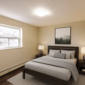 Hamilton apartment for rent - A bedroom with a large bed and a painting on the wall.