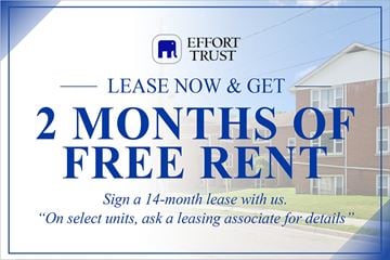 Kitchener apartment for rent - A sign advertising a 2 month free rent offer from Effort Trust.