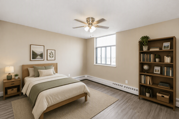 Hamilton apartment for rent - A bedroom with a large bed and a bookshelf.