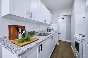 Hamilton apartment for rent - A kitchen with white cabinets and a marble countertop.