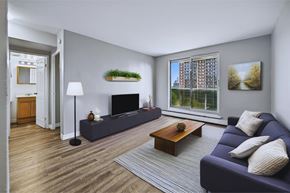 Hamilton apartment for rent - A living room with a grey couch, a wooden coffee table, and a large window.