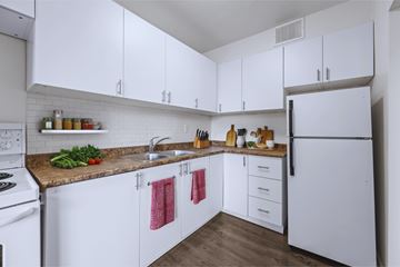 Hamilton apartment for rent - A kitchen with white cabinets and a granite countertop.