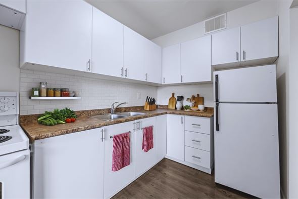 Hamilton apartment for rent - A kitchen with white cabinets and a granite countertop.