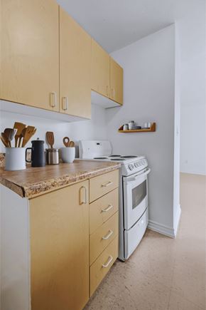 Hamilton apartment for rent - A kitchen with wooden cabinets and a white oven.