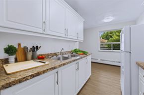 Dundas apartment for rent - A kitchen with white cabinets and a granite countertop.