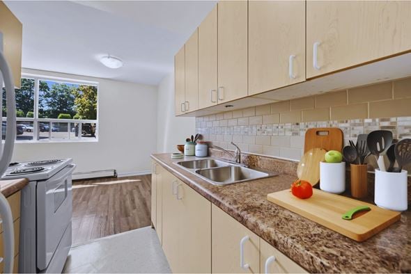 Stoney Creek apartment for rent - A kitchen with a granite counter top and wooden cabinets.