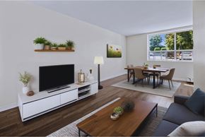 Stoney Creek apartment for rent - A living room with a television, a couch, a coffee table, and a dining table.
